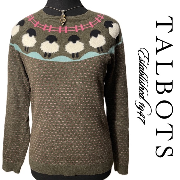 Talbots Sheep Yoke Raglan Crewneck Pullover Knit Embroidered LS Petite Sweater - Picture 6 of 8